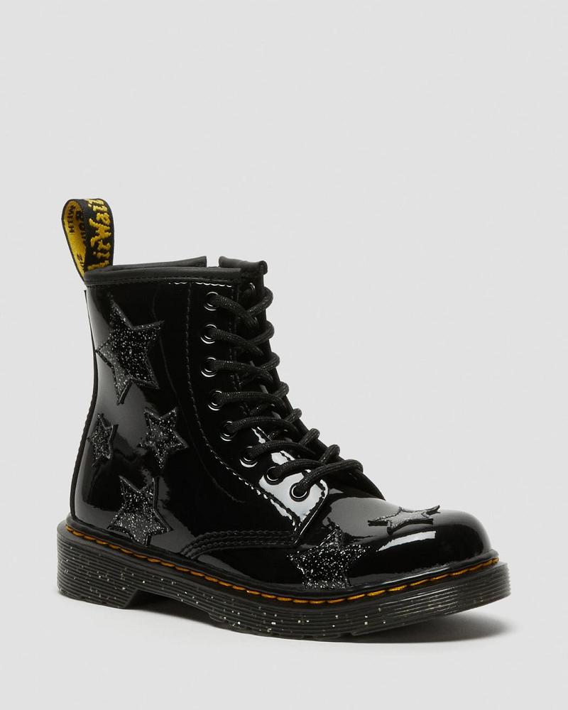 Dr Martens Junior 1460 Glitter Star Lak Snørestøvler Børn Sort | DK 679PJJ